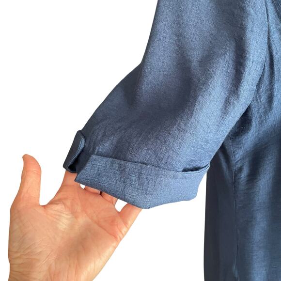 Chico's Deep Indigo Dobby Button Front Tunic Grograin Trim Size 12/14 Large - Picture 5 of 8